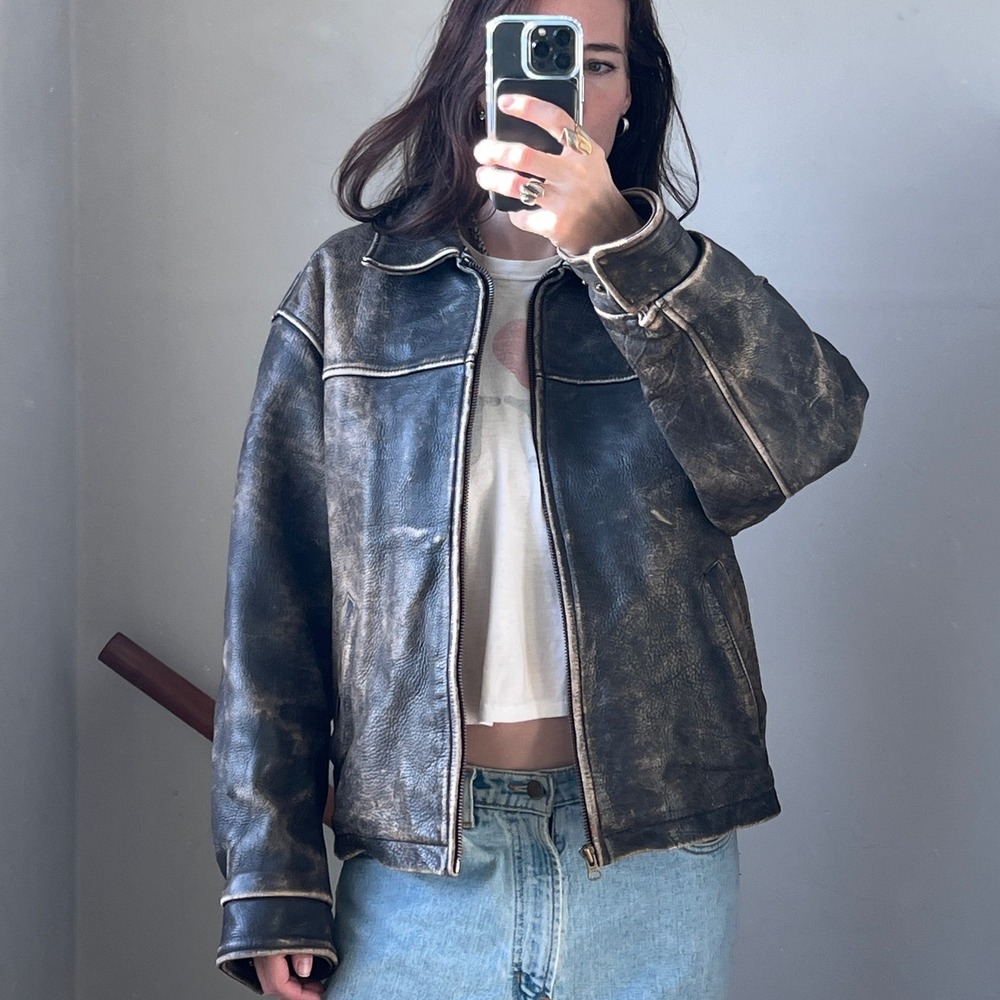 Vintage 90s J. Crew Leather Bomber Jacket Large Brown Worn Distressed Faded - Picture 5 of 12